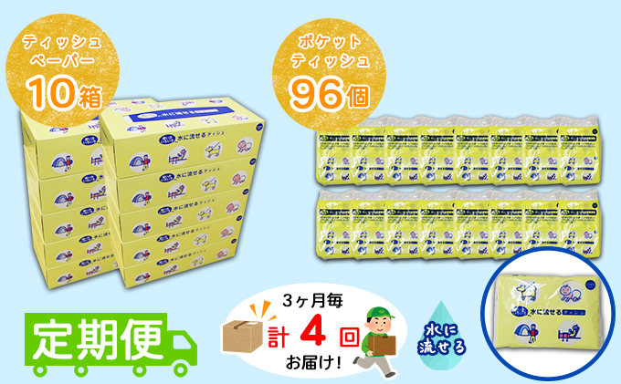 【CF】【定期便】3カ月毎 計4回 とけまるくんティッシュ 10箱＆とけまるくんポケットティッシュ 96個 セット まとめ買い 大容量 雑貨 日用品 生活用品 備蓄 箱 紙 ボックス 福祉用品 