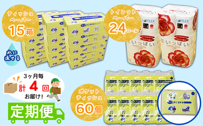 【CF】【定期便】3カ月毎 計4回 花いっぱいトイレットペーパー24個＆とけまるくんティッシュ15箱＆とけまるくんポケットティッシュ60個 セット まとめ買い 大容量 雑貨 日用品 生活用品 備蓄 箱 紙 ボ 福祉用品 