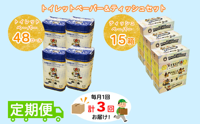 【CF】【定期便】毎月1回 計3回 日本ハムファイターズ トイレットペーパー 48個 ＆ 日本ハムファイターズ ティッシュ 15箱 セット まとめ買い 大容量 雑貨 日用品 生活用品 備蓄 箱 紙 ボックス 福祉用品 