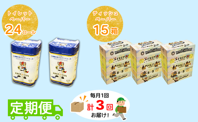 【CF】【定期便】毎月1回 計3回 日本ハムファイターズ トイレットペーパー 24個 ＆ 日本ハムファイターズ ティッシュ 15箱 セット まとめ買い 大容量 雑貨 日用品 生活用品 備蓄 箱 紙 ボックス 福祉用品 