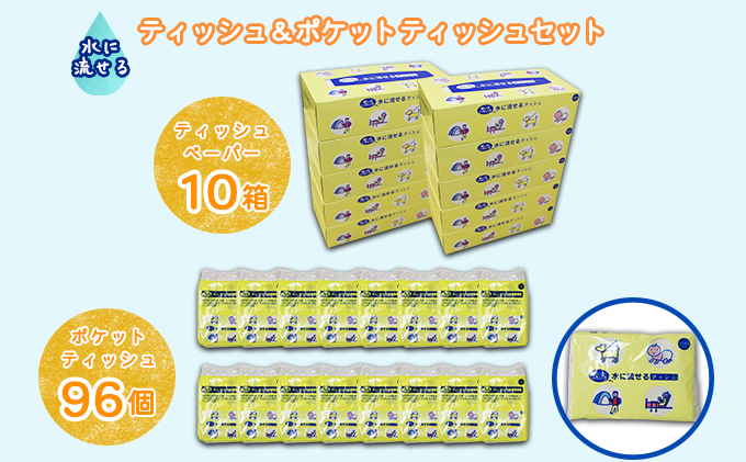 【CF】とけまるくん ティッシュ 10箱＆とけまるくん ポケットティッシュ 96個 セット まとめ買い 大容量 雑貨 日用品 生活用品 備蓄 箱 紙 ボックス 福祉用品 