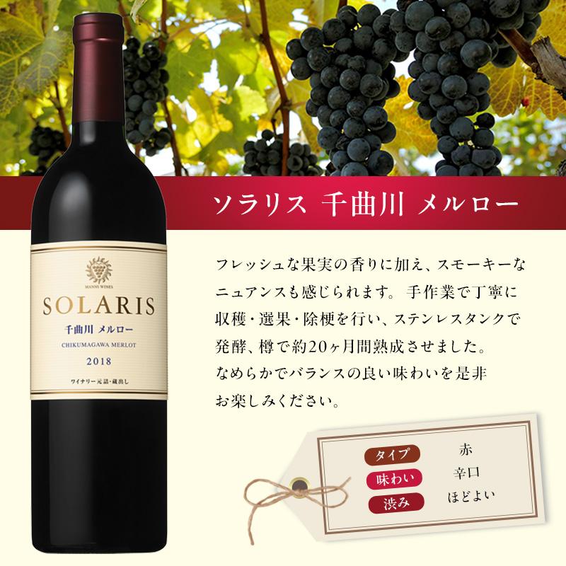 ワイン ソラリス 千曲川 メルロー 750ml×6本 日本ワイン 赤ワイン マンズワイン 酒