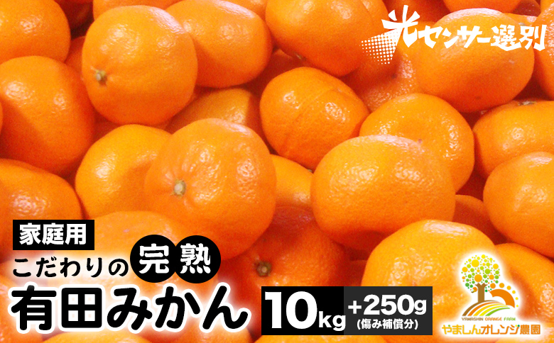 【和歌山県美浜町】\光センサー選別/こだわりの完熟有田みかん 10kg+250g(傷み補償分) 【ご家庭用】サイズ混合 有機質肥料100%| ふるさと納税 みかん 〇※2025年11月中旬〜2026年1月上旬頃に順次発送予定 ※北海道・沖縄・離島への配送不可