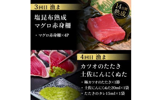 t111kgp-tka　漁ま＆天下味“土佐人気料理店”芸西村本気の5か月定期便（おひとり様満喫用）／1回目：カツオのたたき 銀象シリーズ、2回目：赤白ホルモン、3回目：塩昆布熟成赤身、4回目：カツオのたたき 土佐にんにくぬたシリーズ、5回目：うなぎの蒲焼〈並〉