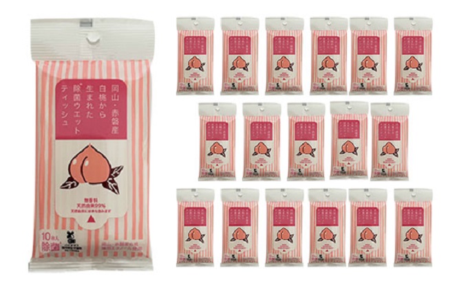 岡山 ・ 赤磐市産 白桃 から生まれた 除菌 ウエットティッシュ （10枚入り）×18個 雑貨 日用品 アップサイクルプロダクト Heart for Art project 廃棄物 リサイクル 