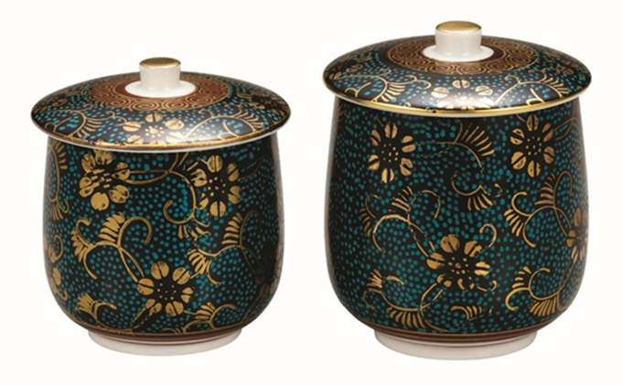 九谷焼 蓋付組湯呑・青粒鉄仙（2個セット） a03 工芸品 民芸品 伝統技術 