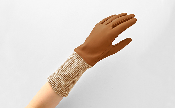 レディース イタリアンレザーロングカフスグローブ ファッション 小物 イタリアンラムレザー ピケ縫い キャメル ニットカフス 