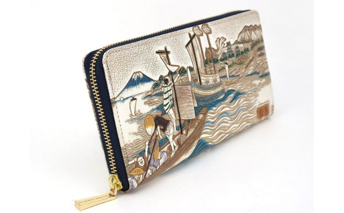 【文庫屋大関】大容量　ぐるっとファスナーの長財布　浮世絵　荒井宿【皮革工芸品】 ファッション 小物 仕切り カードポケット ロングポケット 