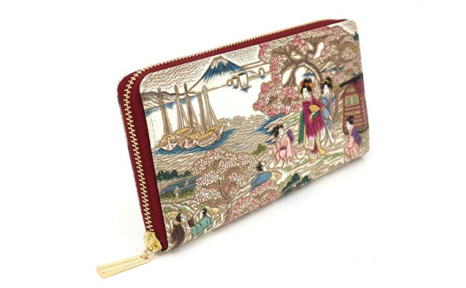 【文庫屋大関】大容量　ぐるっとファスナーの長財布　浮世絵　御殿山【皮革工芸品】 ファッション 小物 仕切り カードポケット ロングポケット 