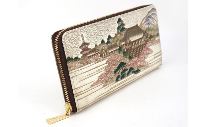 【文庫屋大関】大容量　ぐるっとファスナーの長財布　浮世絵　清水寺【皮革工芸品】 ファッション 小物 仕切り カードポケット ロングポケット 