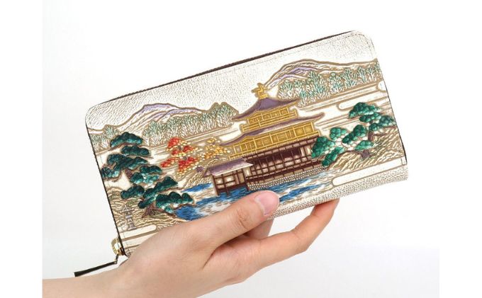 【文庫屋大関】大容量　ぐるっとファスナーの長財布　浮世絵　金閣寺【皮革工芸品】 ファッション 小物 仕切り カードポケット ロングポケット 