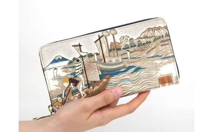 【文庫屋大関】大容量　ぐるっとファスナーの長財布　浮世絵　荒井宿【皮革工芸品】 ファッション 小物 仕切り カードポケット ロングポケット 