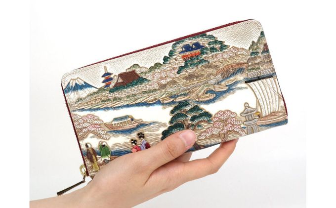 【文庫屋大関】大容量　ぐるっとファスナーの長財布　浮世絵　待乳山【皮革工芸品】 ファッション 小物 仕切り カードポケット ロングポケット 