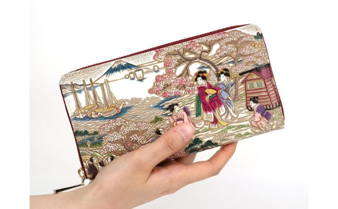 【文庫屋大関】大容量　ぐるっとファスナーの長財布　浮世絵　御殿山【皮革工芸品】 ファッション 小物 仕切り カードポケット ロングポケット 