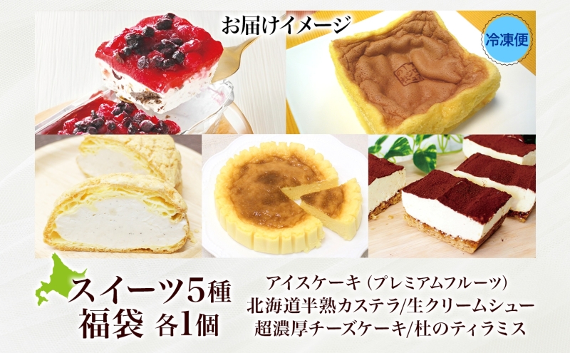 北海道スイーツの福袋 5種 各1個 カステラ チーズケーキ アイスケーキ ティラミス クリームシュー 滝川市