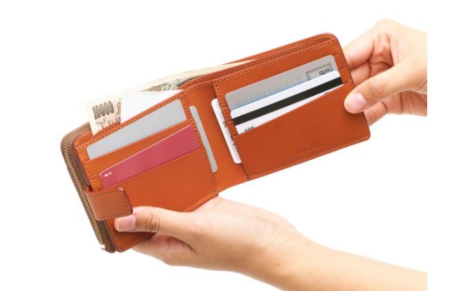 ファスナー付二つ折り財布 キャメル いたがき ファッション小物 手作り 本革 天然皮革 