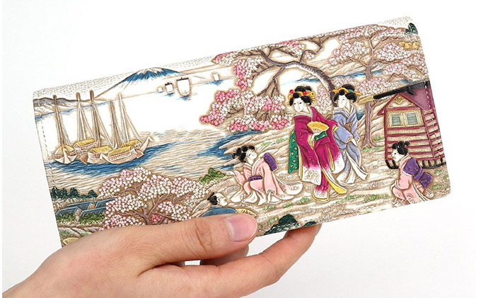 【文庫屋大関】スッキリ大人の財布　束入れ　浮世絵　御殿山【皮革工芸品】 ファッション小物 手作業 手塗 