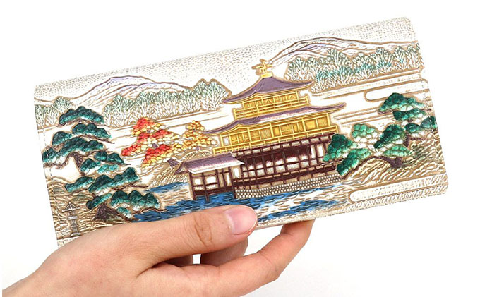 【文庫屋大関】スッキリ大人の財布　束入れ　浮世絵　金閣寺【皮革工芸品】 ファッション小物 手作業 手塗 