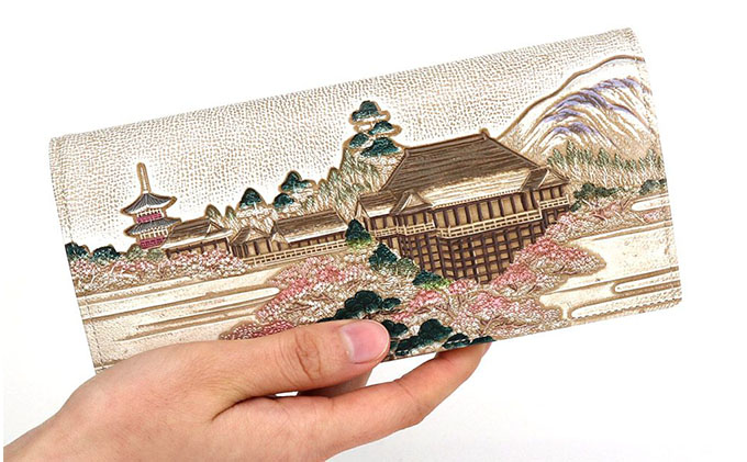 【文庫屋大関】スッキリ大人の財布　束入れ　浮世絵　清水寺【皮革工芸品】 ファッション小物 手作業 手塗 