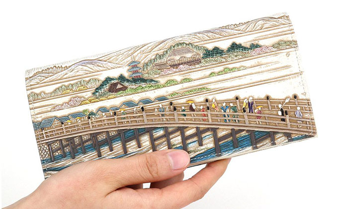 【文庫屋大関】スッキリ大人の財布　束入れ　浮世絵　三条大橋【皮革工芸品】 ファッション小物 手作業 手塗 