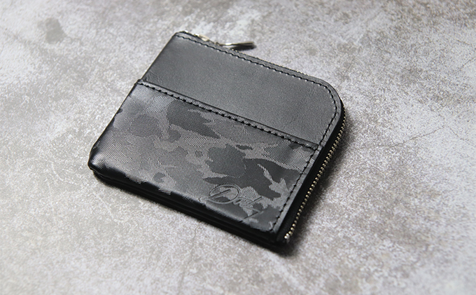 型押しカモフラレザーのL字ミニウォレット ファッション 小物 財布 迷彩 コインケース L字型 小銭 お札 カード 手作り 日本製 皮 