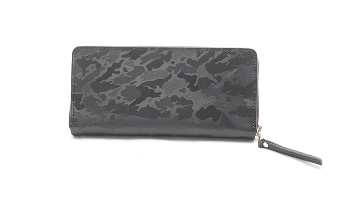 【裏地イエロー】型押しカモフラレザーのラウンドウォレット ファッション 小物 財布 迷彩 ラウンドウォレット長財布 小銭 お札 カード 手作り 日本製 皮 