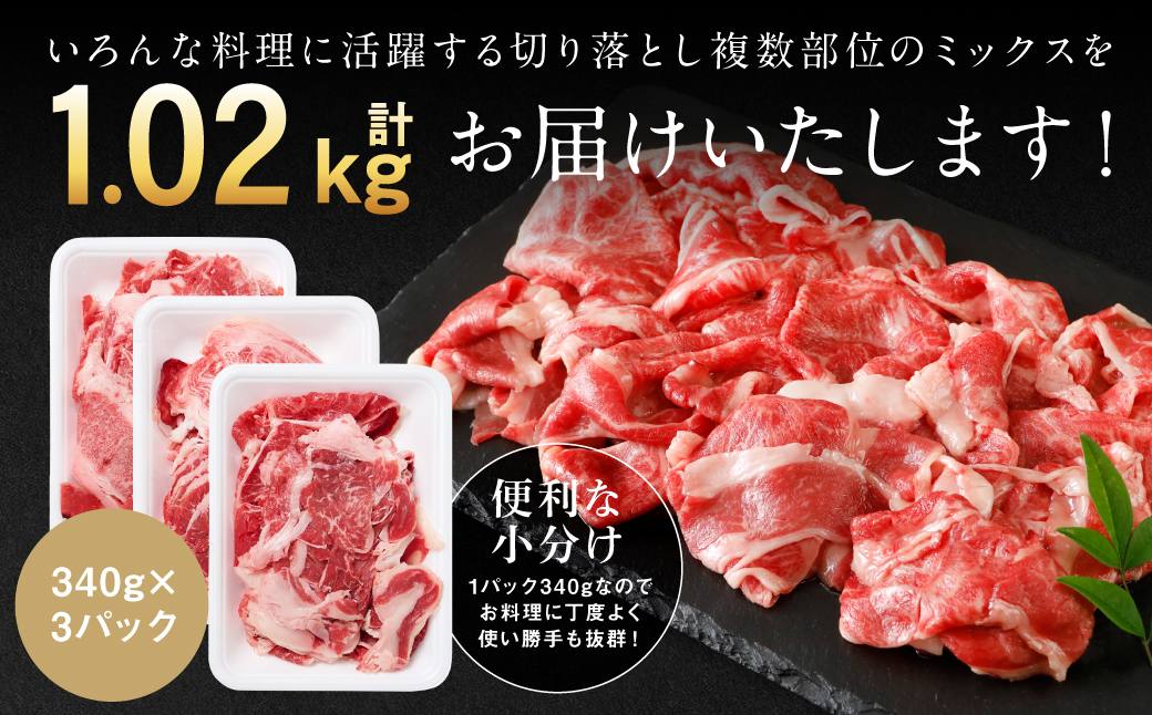 熊本県八代市のふるさと納税 【訳あり】 くまもと黒毛和牛 切り落とし 1020g  340g×3 （ 黒毛和牛 牛肉 和牛 ブランド牛 ブランド和牛 訳あり牛肉 ブランド牛肉 牛肉切り落とし ブランド牛切り落とし 小分け 熊本県産 くまもと 国産 人気 毎月数量限定 ）