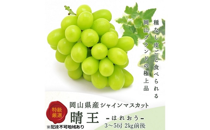 【岡山県瀬戸内市】ぶどう 2025年 先行予約 シャイン マスカット 晴王 3〜5房 2kg前後 (10月上旬〜11月下旬発送分) ブドウ 葡萄  岡山県産 国産 フルーツ 果物 ギフト 果物類 種なし おやつ 食後 秋の味覚 産地直送