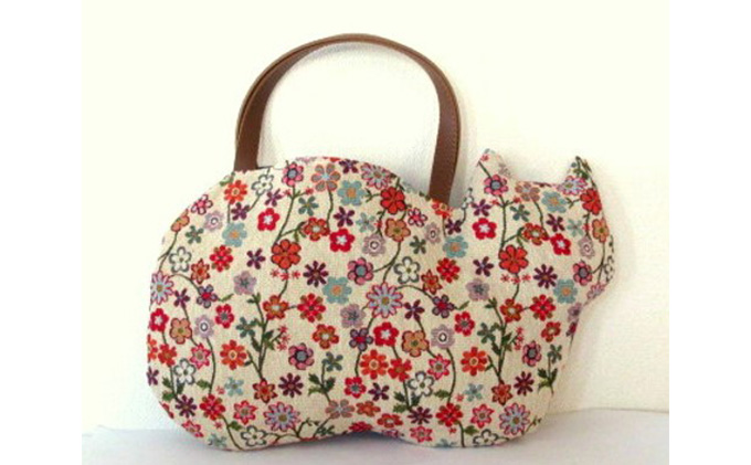 オリジナルネコ型トートバッグ＊ゴブラン織花柄ネコ ファッション かばん 猫 ねこ 普段使い お出かけ 