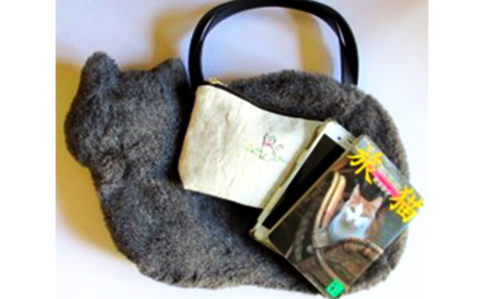 オリジナルネコ型トートバッグ＊ふわふわファー黒猫 ファッション かばん ねこ クロネコ 普段使い お出かけ 