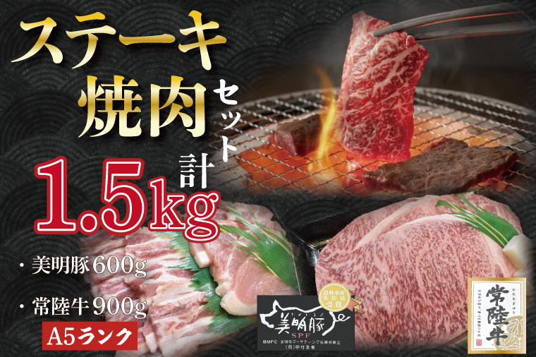 茨城県行方市のふるさと納税 DT-39【常陸牛A5ランク・美明豚ステーキ焼肉セット】常陸牛サーロイン900ｇ（300ｇ×３枚）＋美明豚600ｇ（ロース300ｇ・ばら300ｇ）