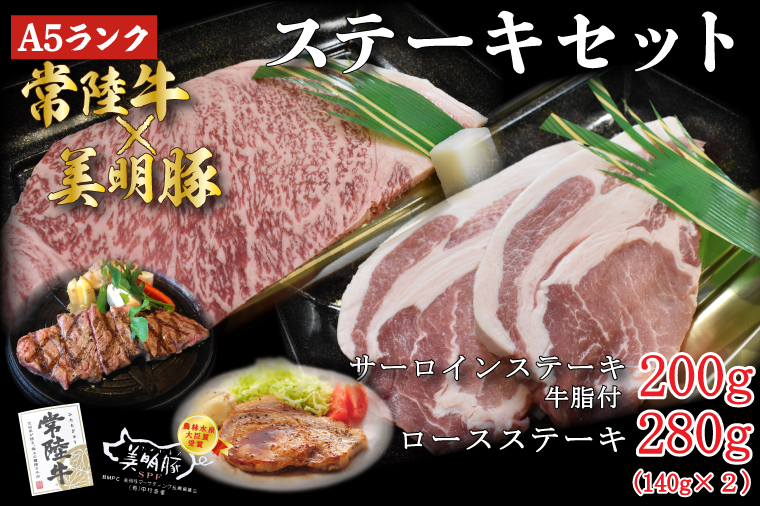茨城県行方市のふるさと納税 DT-21【常陸牛A5ランク・美明豚ステーキセット】常陸牛サーロインステーキ200g＋美明豚ロースステーキ280g（140g×２枚）