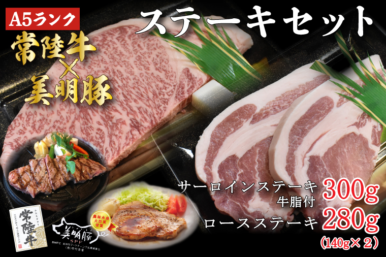 茨城県行方市のふるさと納税 DT-22【常陸牛A5ランク・美明豚ステーキセット】常陸牛サーロインステーキ300g＋美明豚ロースステーキ280g（140g×２枚）