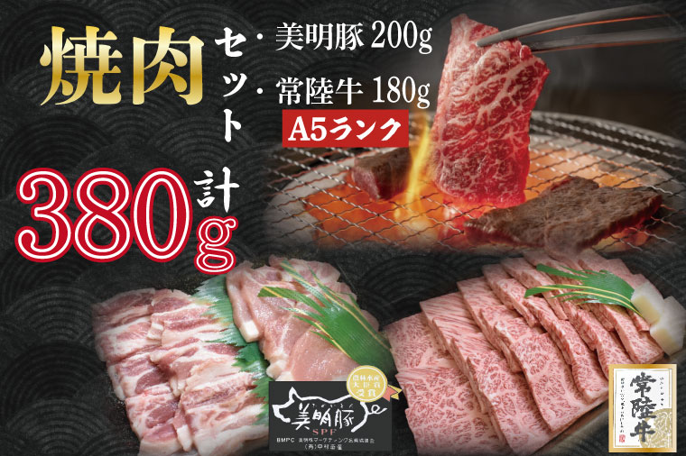 茨城県行方市のふるさと納税 DT-25【常陸牛A5ランク・美明豚焼肉セット】常陸牛カルビ180ｇ＋美明豚200ｇ（ロース100ｇ・ばら100ｇ）