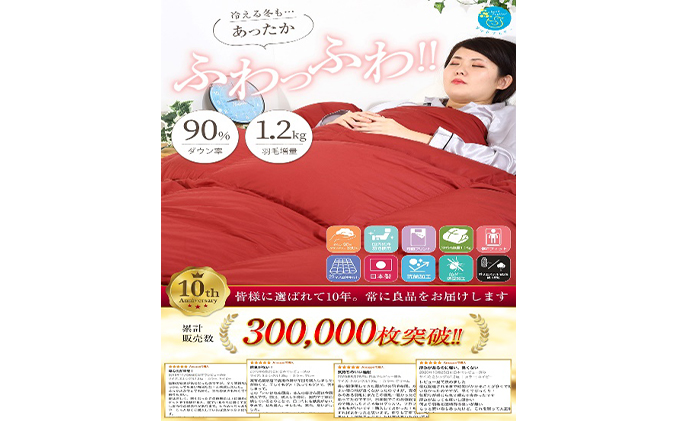 羽毛布団シングル掛け布団日本製ダウン90％1.2kg立体スクエアキルト8か所ループ付きレッド 寝具 軽量 抗菌 消臭 立体キルト 赤 