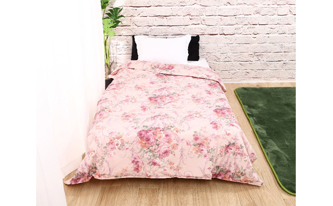 羽毛布団シングル掛け布団日本製ダウン90％1.2kg立体スクエアキルト8か所ループ付き花柄ピンク 寝具 軽量 抗菌 消臭 立体キルト 