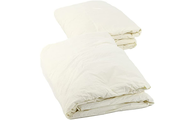 【国産高級羽毛布団】日本製 羽毛布団 二枚合わせ（セミダブル）ホワイトダウン93％／380dp／超長綿100％生地・通年使えるデュエット構造