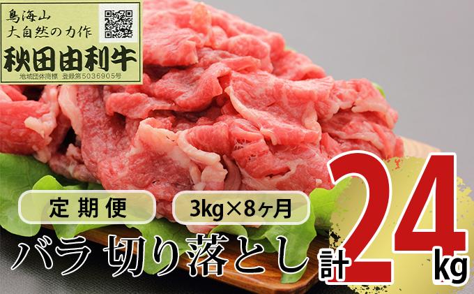 【秋田県にかほ市】《定期便》8ヶ月連続 秋田由利牛 バラ切り落とし 3kg(1kg×3パック)