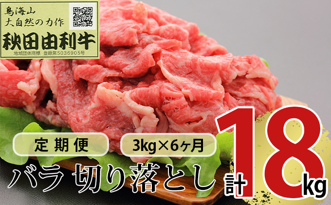 【秋田県にかほ市】《定期便》6ヶ月連続 秋田由利牛 バラ切り落とし 3kg(1kg×3パック)