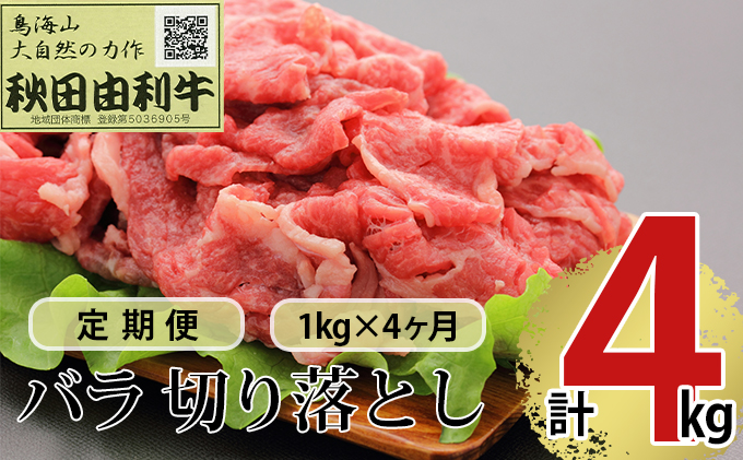 【秋田県にかほ市】《定期便》4ヶ月連続 秋田由利牛 バラ切り落とし 1kg(1kg×1パック)