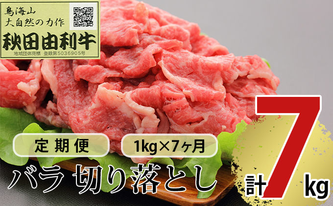【秋田県にかほ市】《定期便》7ヶ月連続 秋田由利牛 バラ切り落とし 1kg(1kg×1パック)