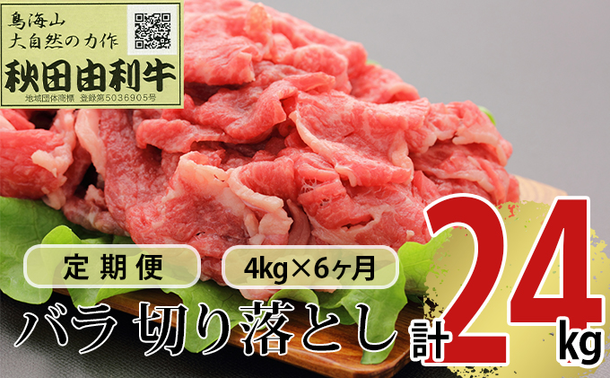 【秋田県にかほ市】《定期便》6ヶ月連続 秋田由利牛 バラ切り落とし 4kg(1kg×4パック)