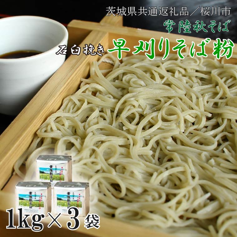 茨城県行方市のふるさと納税 【茨城県共通返礼品/桜川市】【常陸秋そば】石臼挽き早刈りそば粉 1kg×3袋入｜そば そば粉 常陸秋そば 茨城県共通返礼品 桜川市 年越しそば 茨城県 行方市(DX-28)