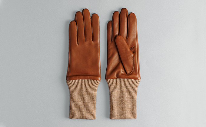 レディース イタリアンレザーロングカフスグローブ ファッション 小物 イタリアンラムレザー ピケ縫い キャメル ニットカフス 