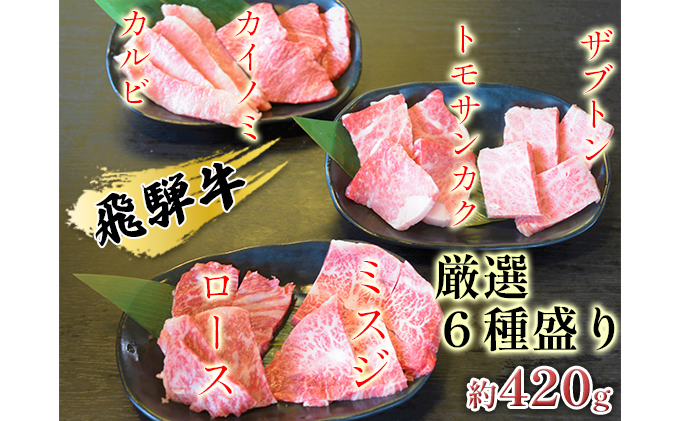 飛騨牛厳選6種盛り約420g（ミスジ・カルビ・ロース・ザブトン・カイノミ・トモサンカク）各約70g お肉 牛肉 