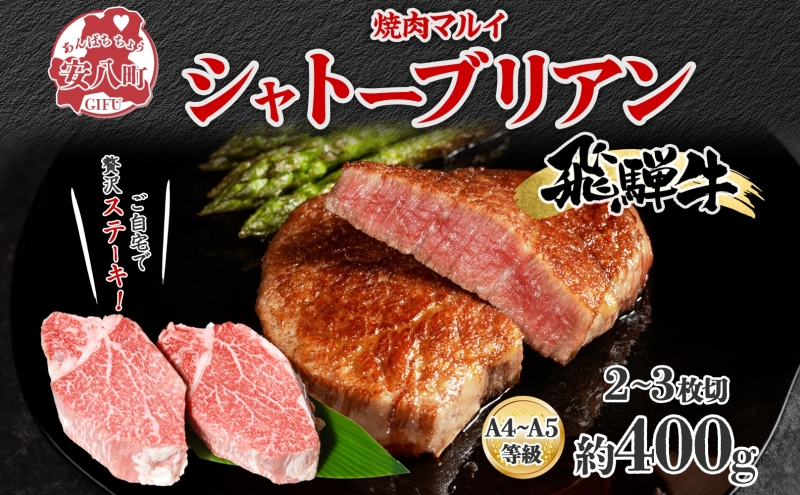 【岐阜県安八町】飛騨牛 シャトーブリアン ステーキ 約400g 2〜3枚切り 肉 牛肉 和牛 ブランド牛 お肉 ビーフ ヒレ 希少部位 赤身 贅沢 国産 お取り寄せ ご褒美 豪華 グルメ 焼肉 BBQ パーティー ギフト 贈り物 自家用 贈答用 送料無料 焼肉マルイ 岐阜県 【 安八町 】