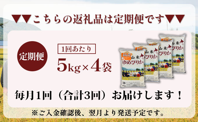 3ヵ月 定期便 銀山米研究会の無洗米＜ゆめぴりか＞20kg（5kg×4袋）【機内食に採用】 ライス 白米 精米 ブランド米 おにぎり お弁当 北海道産 産地直送 ご飯 時短 朝ごはん 夜ごはん 昼ごはん [株式会社 松原米穀]