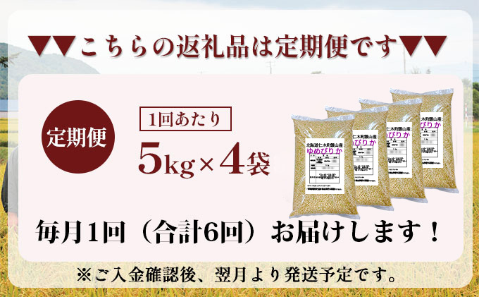 6ヵ月 定期便 銀山米研究会の玄米＜ゆめぴりか＞20kg（5kg×4袋）【機内食に採用】 ライス ブランド米 おにぎり お弁当 北海道産 産地直送 主食 ご飯 朝ごはん 夜ごはん 昼ごはん [株式会社 松原米穀]