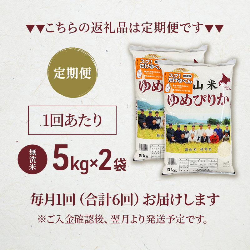 6ヵ月 定期便 銀山米研究会の無洗米＜ゆめぴりか＞10kg（5kg×2袋）【機内食に採用】 ライス 白米 精米 ブランド米 おにぎり お弁当 北海道産 産地直送 ご飯 時短 朝ごはん 夜ごはん 昼ごはん [株式会社 松原米穀]