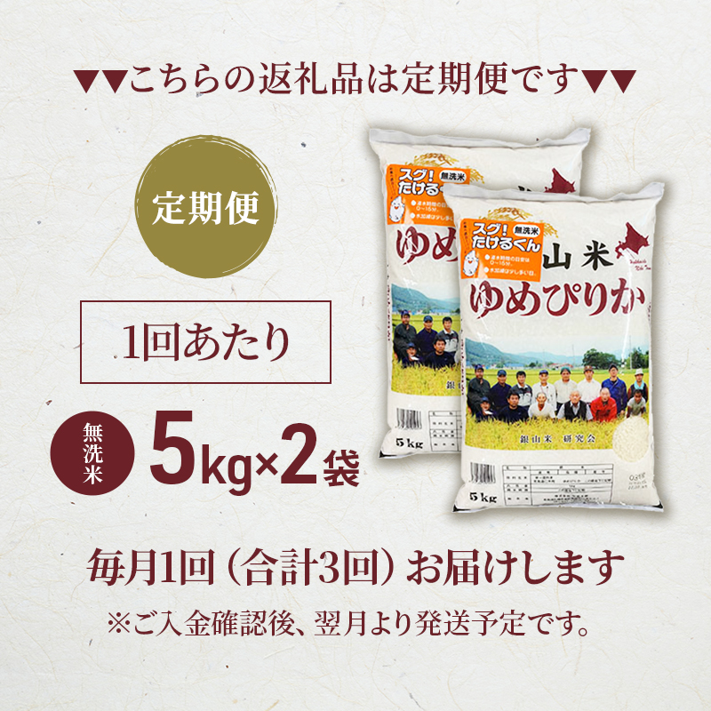 3ヵ月 定期便 銀山米研究会の無洗米＜ゆめぴりか＞10kg（5kg×2袋）【機内食に採用】 ライス 白米 精米 ブランド米 おにぎり お弁当 北海道産 産地直送 ご飯 時短 朝ごはん 夜ごはん 昼ごはん [株式会社 松原米穀]